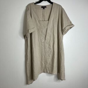 ELLOS Women's Plus Size 1X Tan Linen Blend Hanky Hem Tunic Blouse Lagenlook